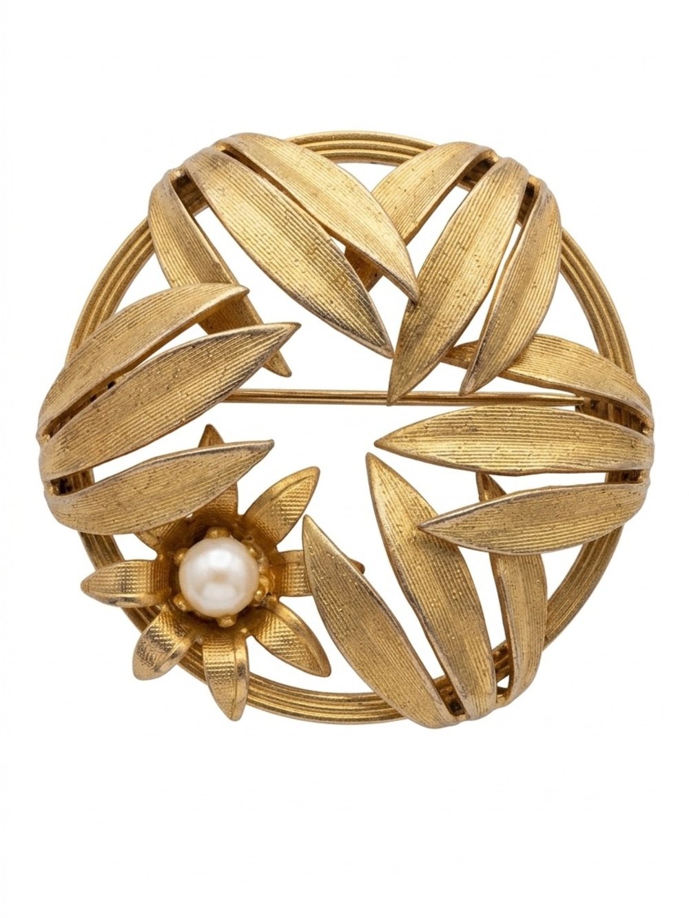 Vintage Gold Leaf Pearl Floral Round Brooch
